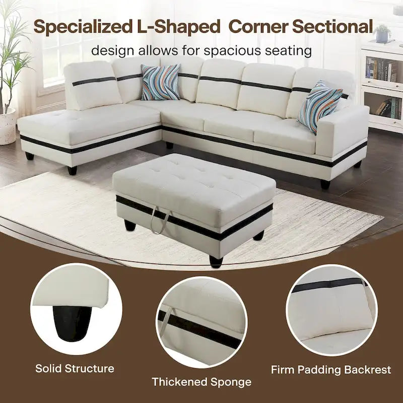 Ensemble canapé d'angle en similicuir avec pouf, 3 pièces