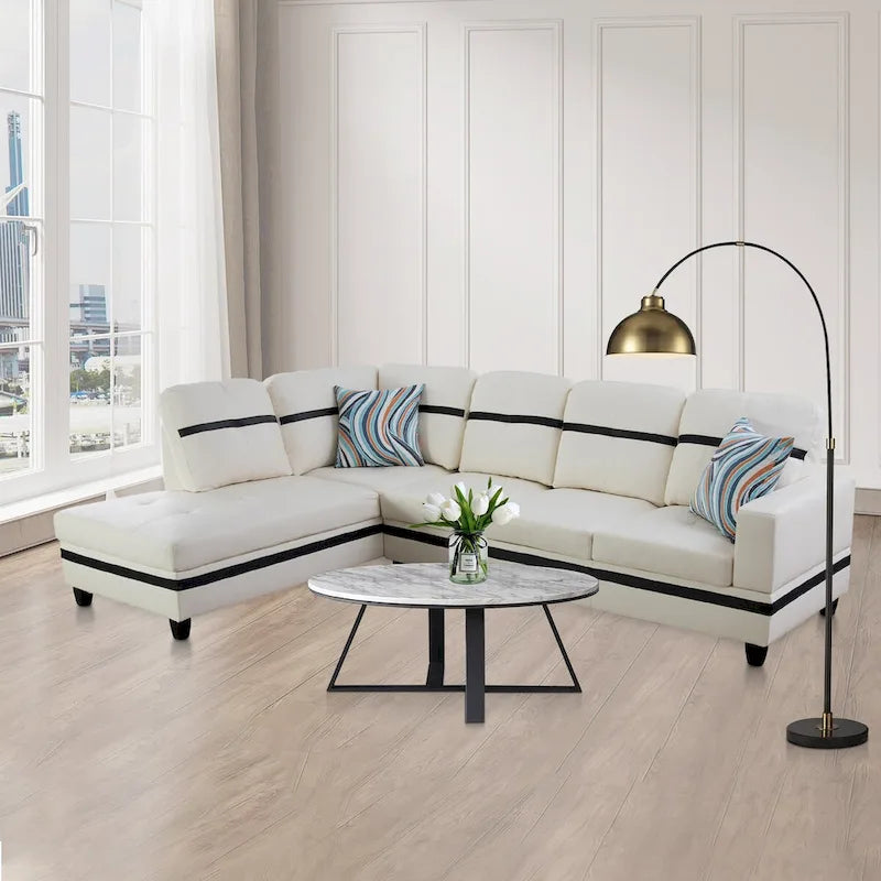 Ensemble canapé d'angle en similicuir avec pouf, 3 pièces