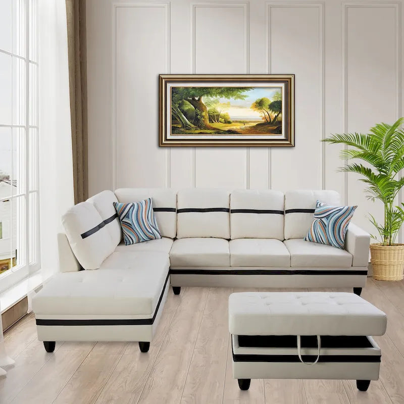 Ensemble canapé d'angle en similicuir avec pouf, 3 pièces