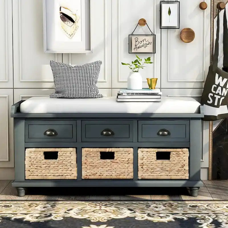 Banc de rangement rustique avec 3 tiroirs et 3 paniers en rotin, banc à chaussures pour salon, entrée