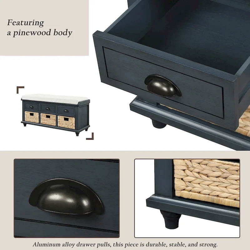 Banc de rangement rustique avec 3 tiroirs et 3 paniers en rotin, banc à chaussures pour salon, entrée