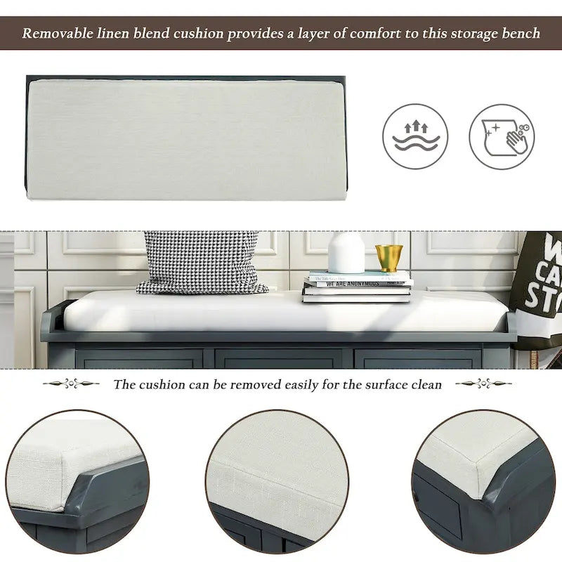 Banc de rangement rustique avec 3 tiroirs et 3 paniers en rotin, banc à chaussures pour salon, entrée