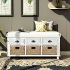 Banc de rangement rustique avec 3 tiroirs et 3 paniers en rotin, banc à chaussures pour salon, entrée