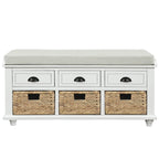 Banc de rangement rustique avec 3 tiroirs et 3 paniers en rotin, banc à chaussures pour salon, entrée