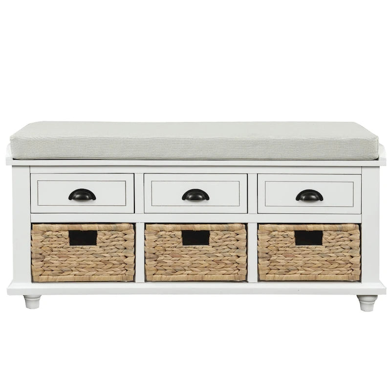 Banc de rangement rustique avec 3 tiroirs et 3 paniers en rotin, banc à chaussures pour salon, entrée