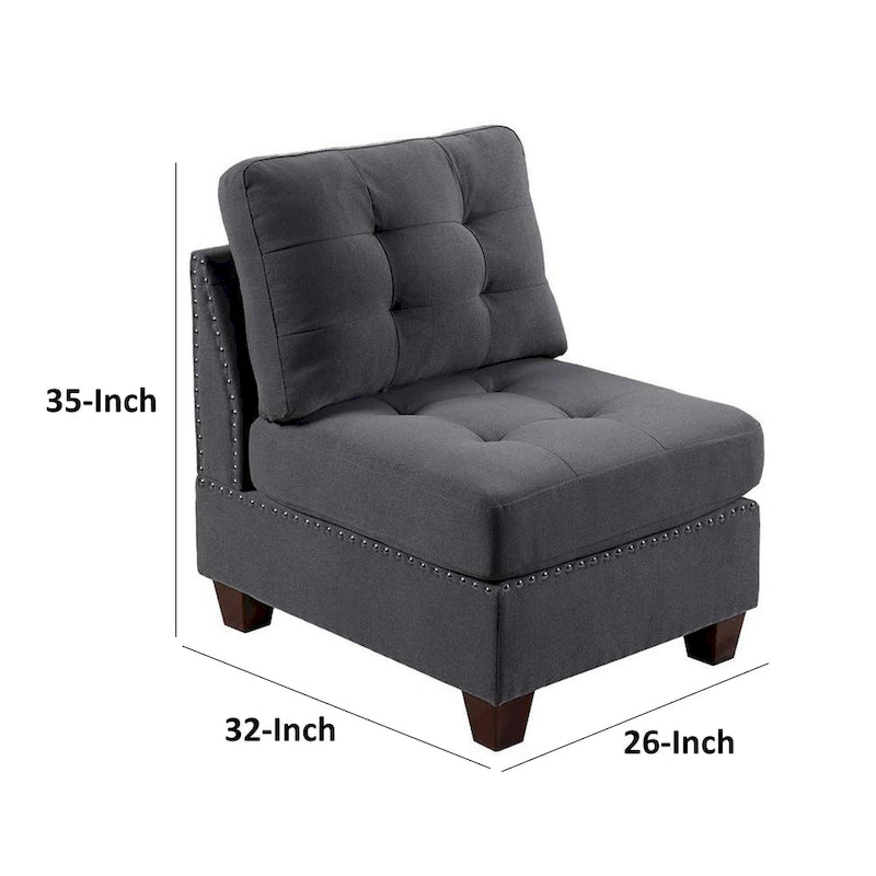 Fauteuil-canapé modulaire Lemy 32 pouces sans accoudoirs, revêtement gris capitonné, bois massif