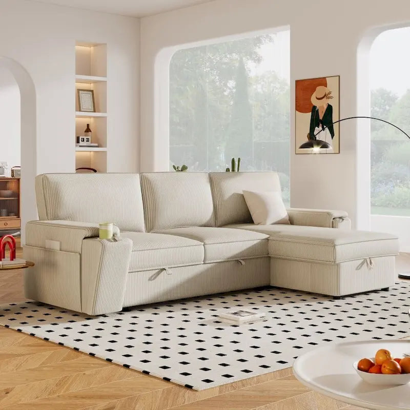 Canapé d'angle convertible en canapé rembourré avec sacs de rangement et 2 porte-gobelets sur les accoudoirs