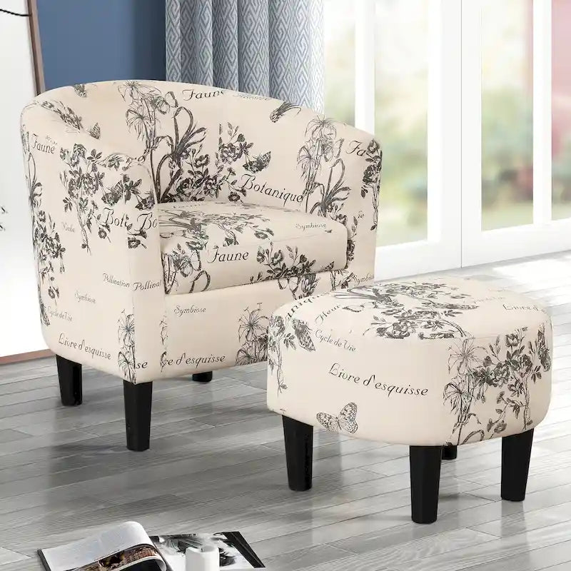 Fauteuil d'appoint classique en forme de tonneau, revêtu d'un tissu polyester doux, avec repose-pieds inclus.