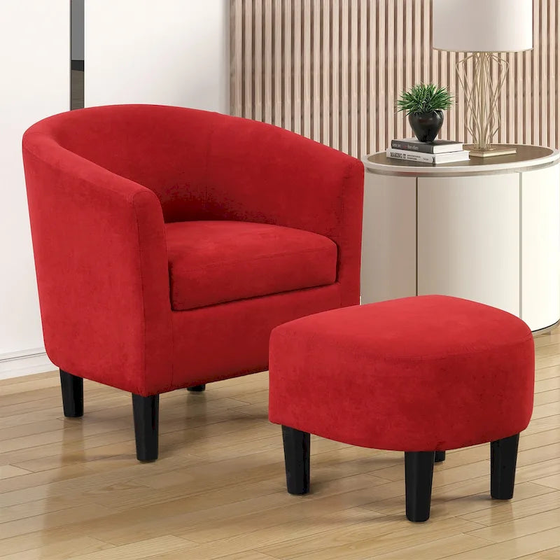Fauteuil d'appoint classique en forme de tonneau, revêtu d'un tissu polyester doux, avec repose-pieds inclus.