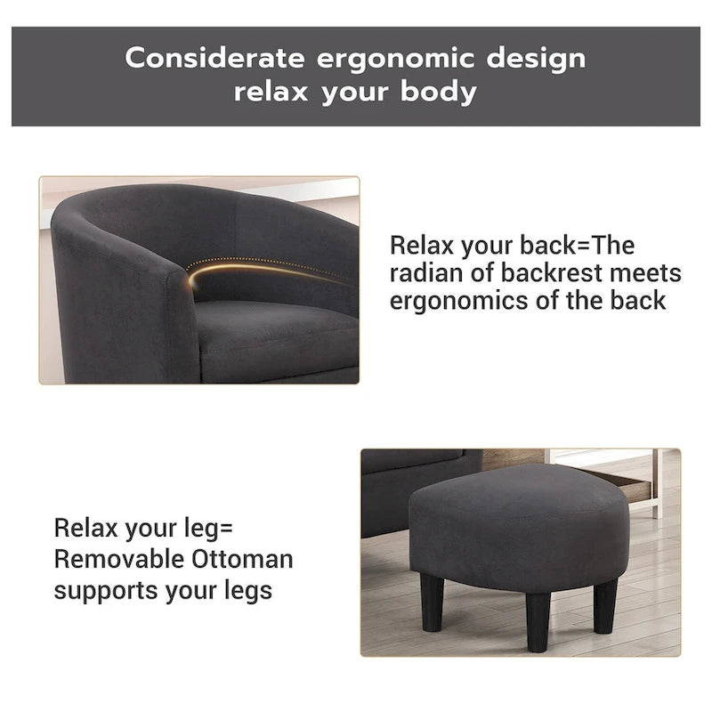 Fauteuil d'appoint classique en forme de tonneau, revêtu d'un tissu polyester doux, avec repose-pieds inclus.