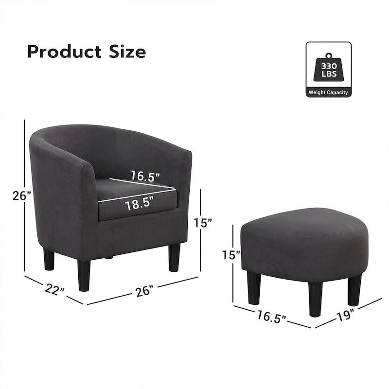 Fauteuil d'appoint classique en forme de tonneau, revêtu d'un tissu polyester doux, avec repose-pieds inclus.