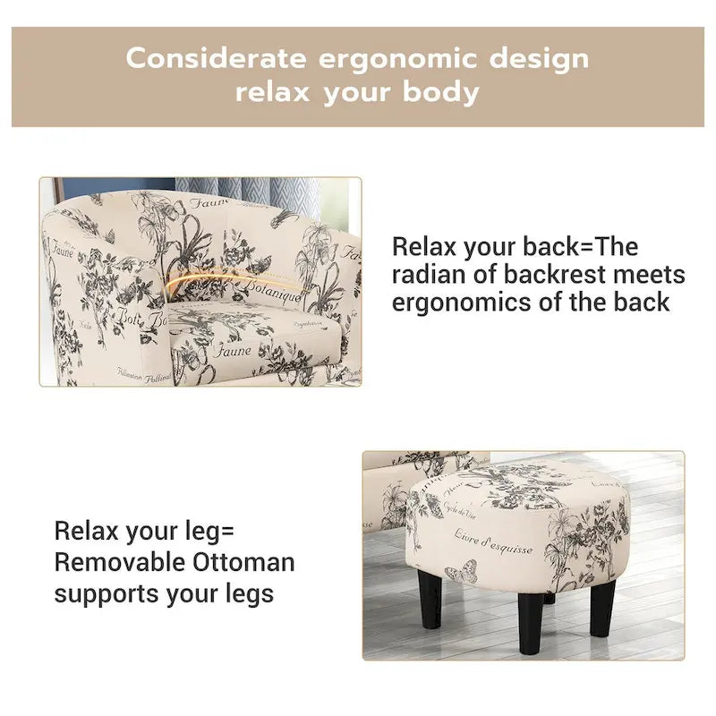 Fauteuil d'appoint classique en forme de tonneau, revêtu d'un tissu polyester doux, avec repose-pieds inclus.