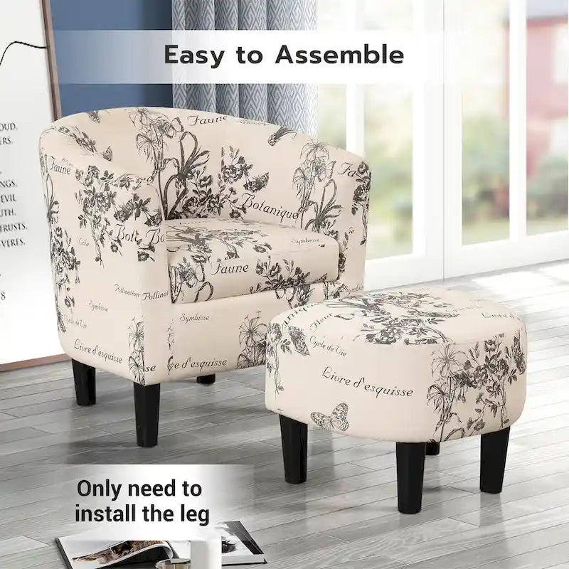 Fauteuil d'appoint classique en forme de tonneau, revêtu d'un tissu polyester doux, avec repose-pieds inclus.