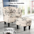 Fauteuil d'appoint classique en forme de tonneau, revêtu d'un tissu polyester doux, avec repose-pieds inclus.