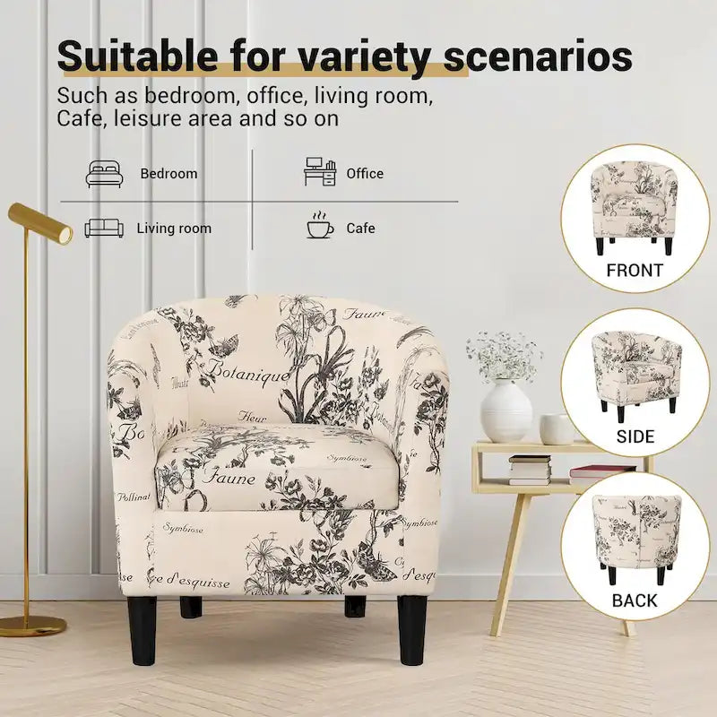 Fauteuil d'appoint classique en forme de tonneau, revêtu d'un tissu polyester doux, avec repose-pieds inclus.