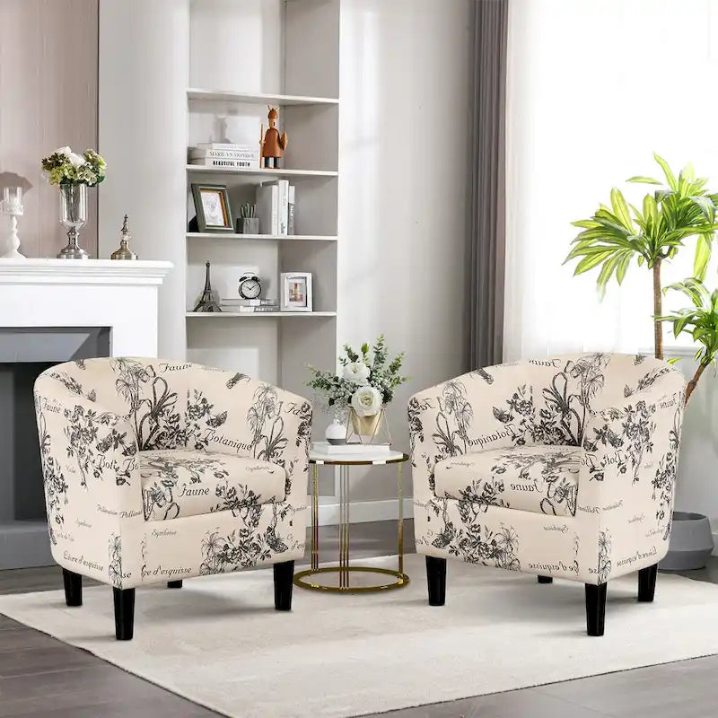 Fauteuil d'appoint classique en forme de tonneau, revêtu d'un tissu polyester doux, avec repose-pieds inclus.