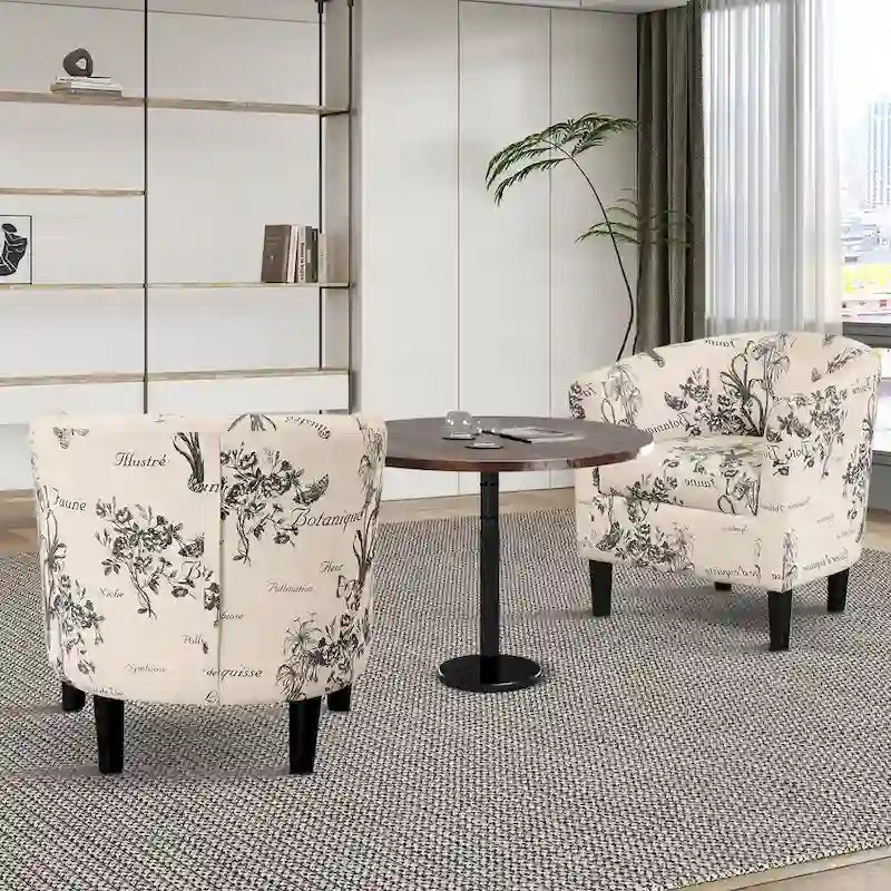 Fauteuil d'appoint classique en forme de tonneau, revêtu d'un tissu polyester doux, avec repose-pieds inclus.
