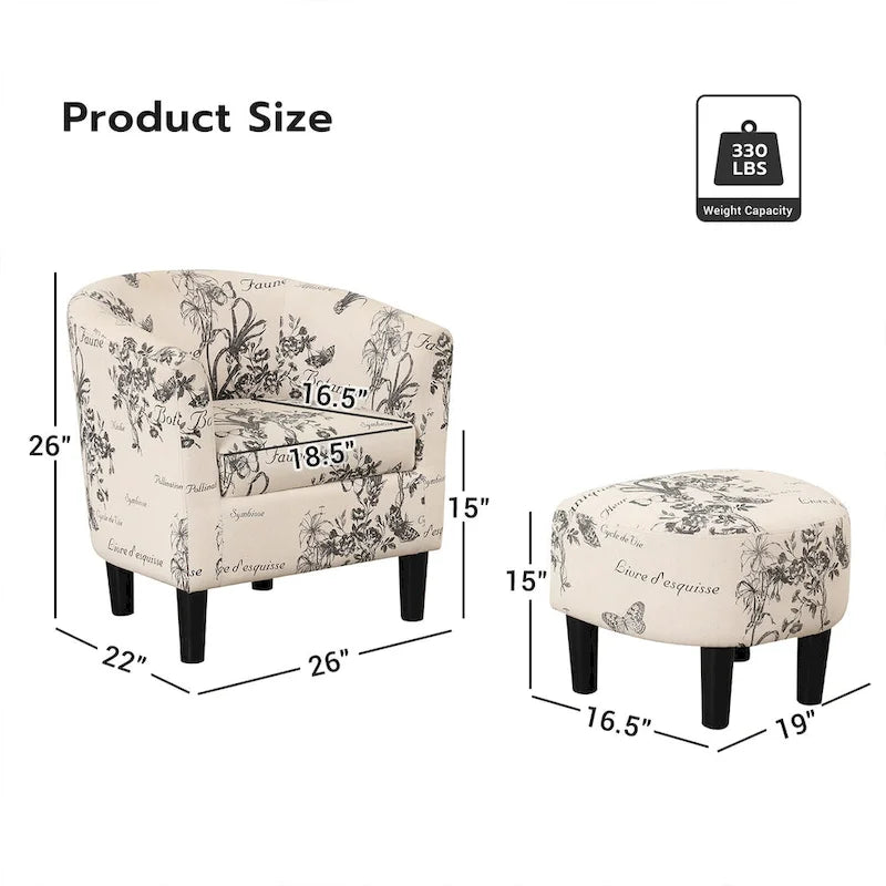 Fauteuil d'appoint classique en forme de tonneau, revêtu d'un tissu polyester doux, avec repose-pieds inclus.