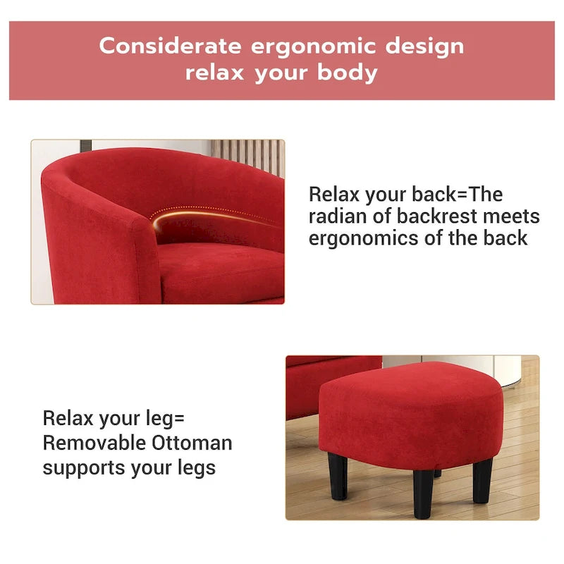 Fauteuil d'appoint classique en forme de tonneau, revêtu d'un tissu polyester doux, avec repose-pieds inclus.