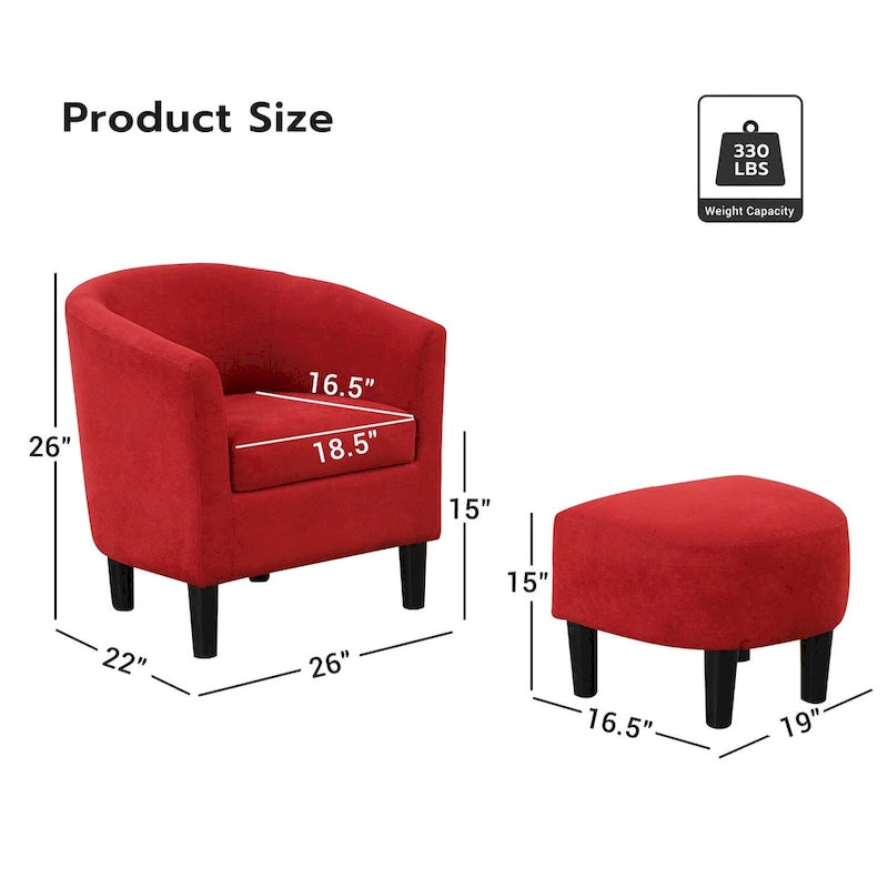 Fauteuil d'appoint classique en forme de tonneau, revêtu d'un tissu polyester doux, avec repose-pieds inclus.