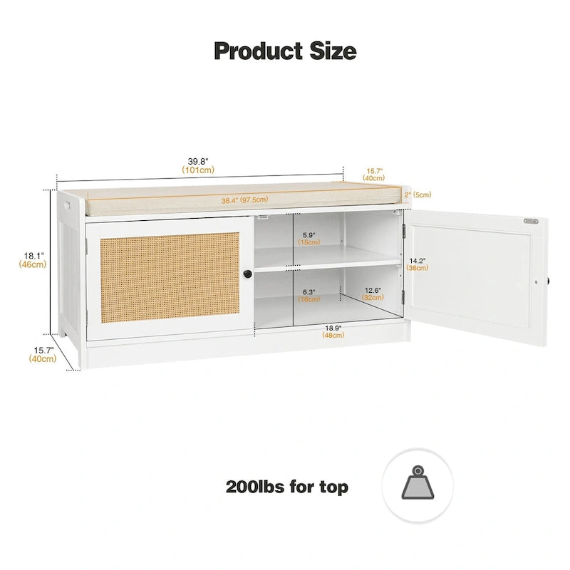 Banc de rangement à chaussures blanc Anmytek pour entrée, avec coussin et étagères réglables - 101 cm (L) x 40 cm (P) x 46 cm (H)