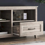 Meuble TV gris avec tiroirs de rangement et gestion des câbles pour téléviseur 65/75 pouces - M