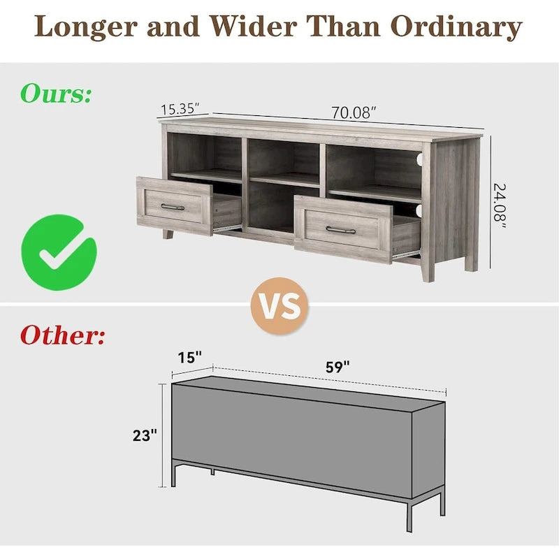 Meuble TV gris avec tiroirs de rangement et gestion des câbles pour téléviseur 65/75 pouces - M