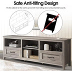 Meuble TV gris avec tiroirs de rangement et gestion des câbles pour téléviseur 65/75 pouces - M