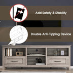 Meuble TV gris avec tiroirs de rangement et gestion des câbles pour téléviseur 65/75 pouces - M