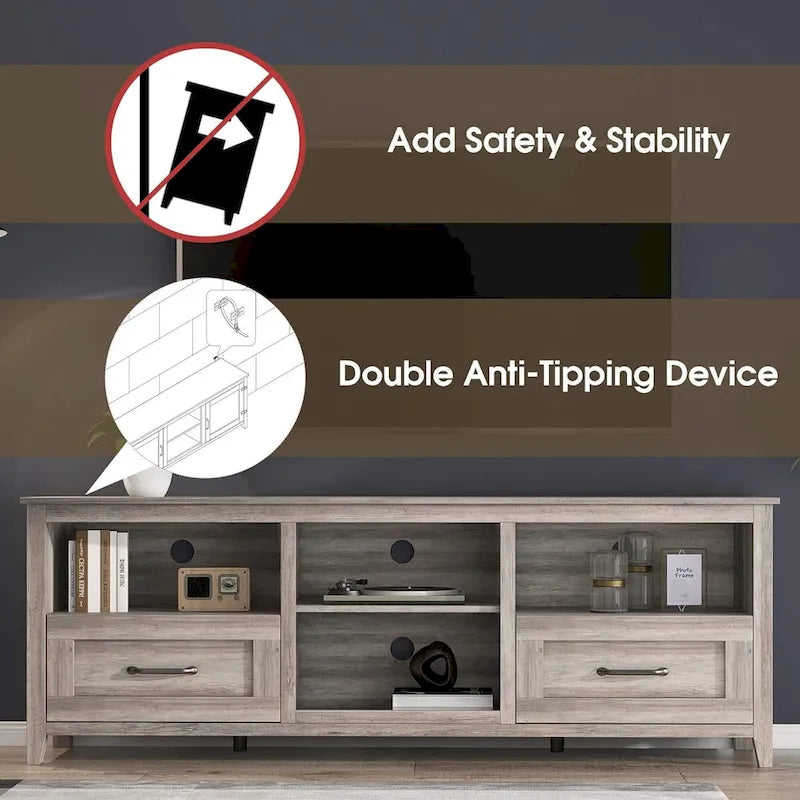 Meuble TV gris avec tiroirs de rangement et gestion des câbles pour téléviseur 65/75 pouces - M