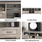 Meuble TV gris avec tiroirs de rangement et gestion des câbles pour téléviseur 65/75 pouces - M