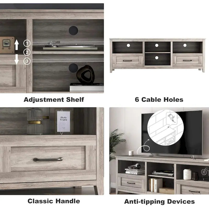 Meuble TV gris avec tiroirs de rangement et gestion des câbles pour téléviseur 65/75 pouces - M