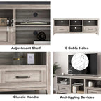 Meuble TV gris avec tiroirs de rangement et gestion des câbles pour téléviseur 65/75 pouces - M