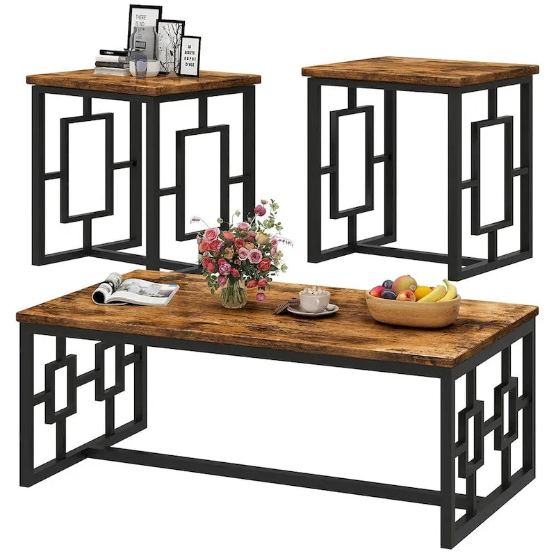 Ensemble de table basse 3 pièces Mieres style industriel pour salon