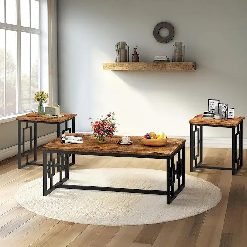 Ensemble de table basse 3 pièces Mieres style industriel pour salon