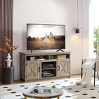 Meuble TV style grange avec portes de grange, console multimédia moderne pour téléviseurs jusqu'à 65 pouces, avec espaces de rangement ouverts et fermés.
