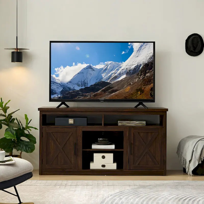 Farmhouse Barn door TV Media Stand Modern Entertainment Console for TV Up to 65 with Open and Closed Storage Space