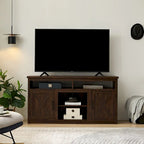 Meuble TV style grange avec portes de grange, console multimédia moderne pour téléviseurs jusqu'à 65 pouces, avec espaces de rangement ouverts et fermés.