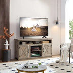 Meuble TV style grange avec portes de grange, console multimédia moderne pour téléviseurs jusqu'à 65 pouces, avec espaces de rangement ouverts et fermés.