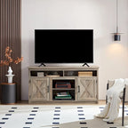 Meuble TV style grange avec portes de grange, console multimédia moderne pour téléviseurs jusqu'à 65 pouces, avec espaces de rangement ouverts et fermés.