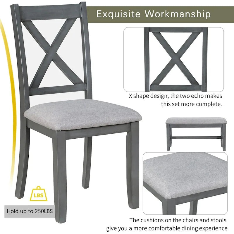 Ensemble de salle à manger familiale 6 pièces en bois massif, comprenant une table pliante peu encombrante, 4 chaises et un banc.