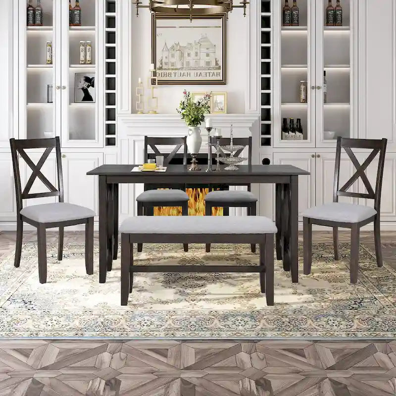 Ensemble de salle à manger familiale 6 pièces en bois massif, comprenant une table pliante peu encombrante, 4 chaises et un banc.