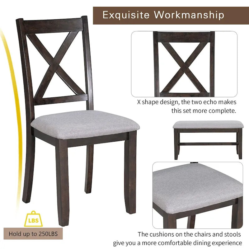 Ensemble de salle à manger familiale 6 pièces en bois massif, comprenant une table pliante peu encombrante, 4 chaises et un banc.