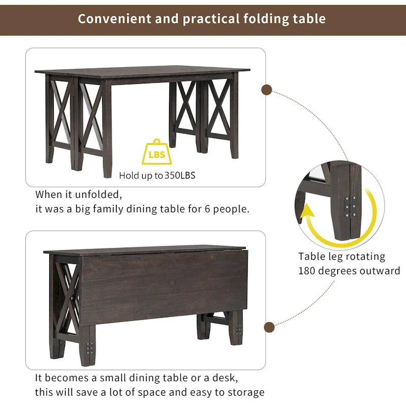 Ensemble de salle à manger familiale 6 pièces en bois massif, comprenant une table pliante peu encombrante, 4 chaises et un banc.
