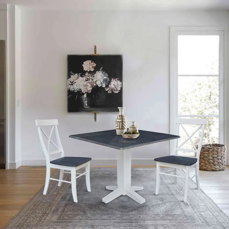 Table de salle à manger carrée à double abattant en bois massif de 36 pouces avec 2 chaises de salle à manger