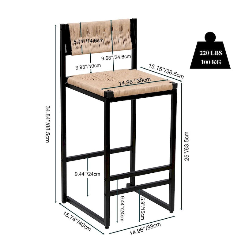 Ensemble de 2 tabourets de bar et chaises de salle à manger en corde de papier tressée