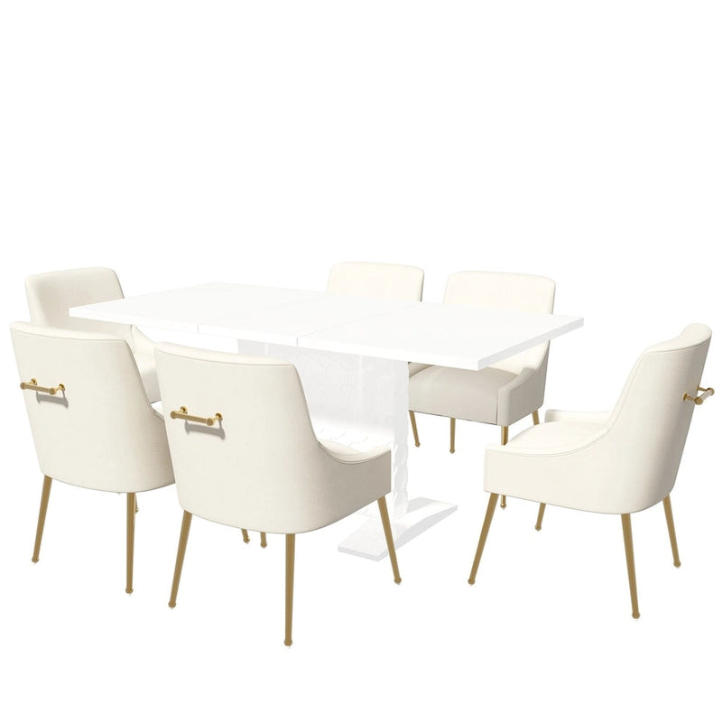 7-Piece Clihome High-gloss Extendable Table Velvet Chair Dining Set