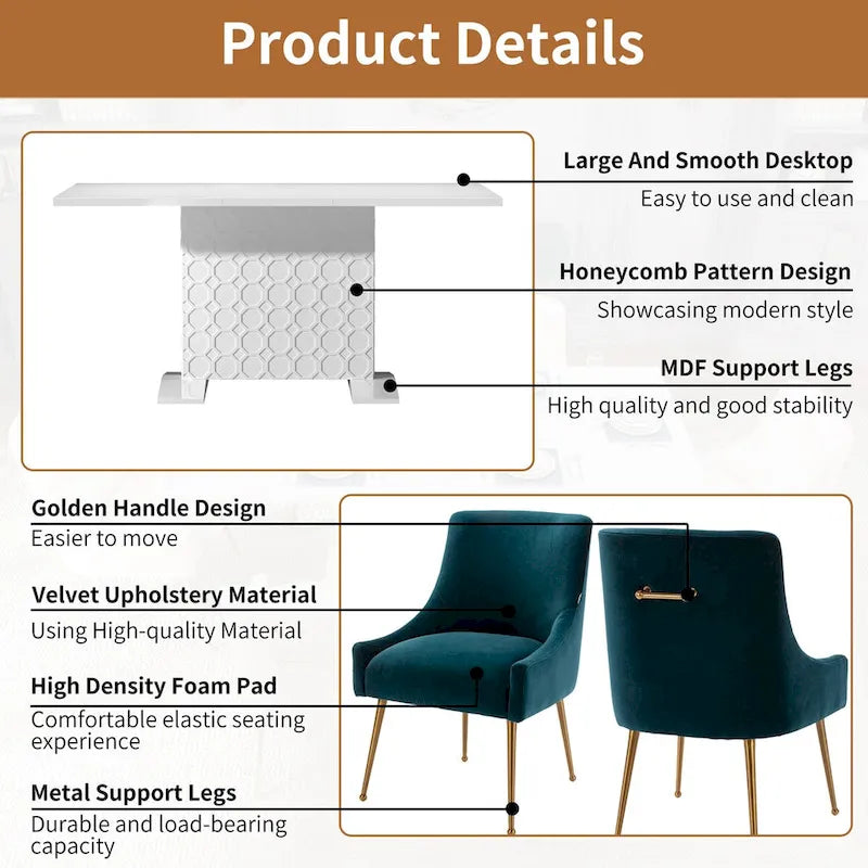 Ensemble de salle à manger 7 pièces Clihome avec table extensible et chaises en velours brillant