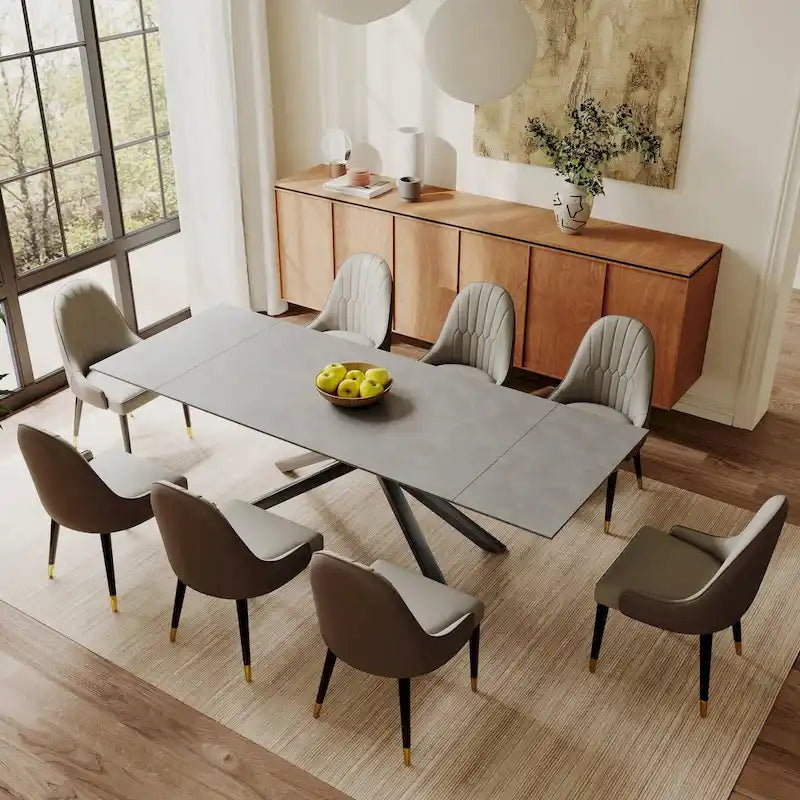 Ensemble de salle à manger extensible 9 pièces, rectangulaire, en pierre frittée avec pieds croisés et 8 chaises