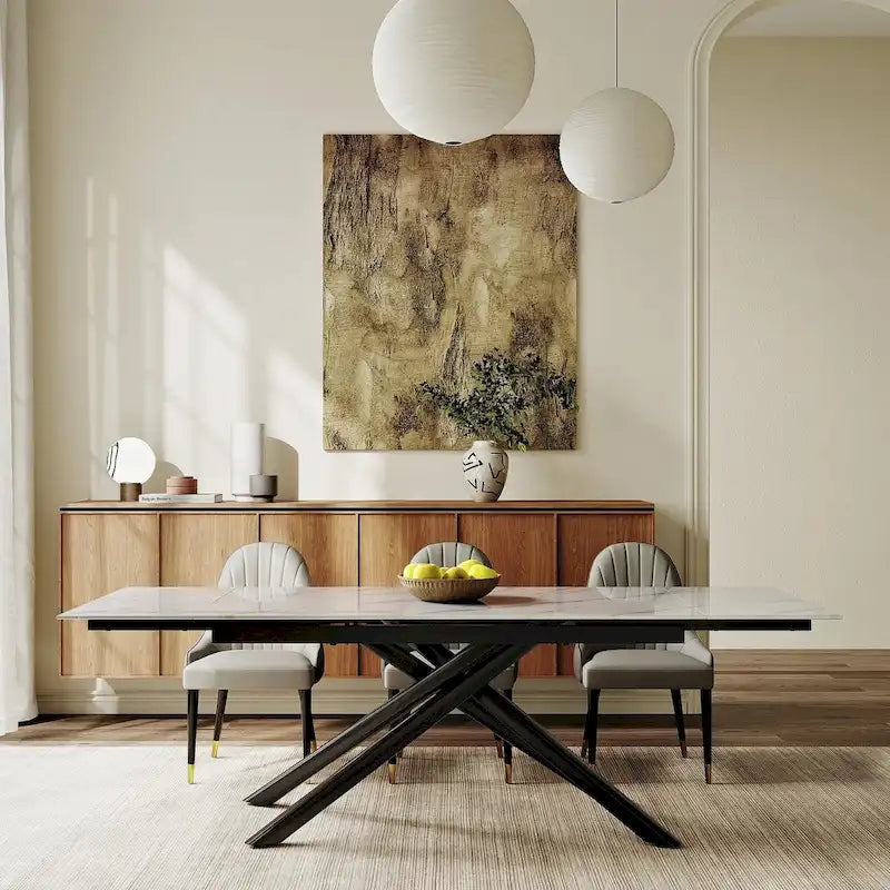 Ensemble de salle à manger extensible 9 pièces, rectangulaire, en pierre frittée avec pieds croisés et 8 chaises